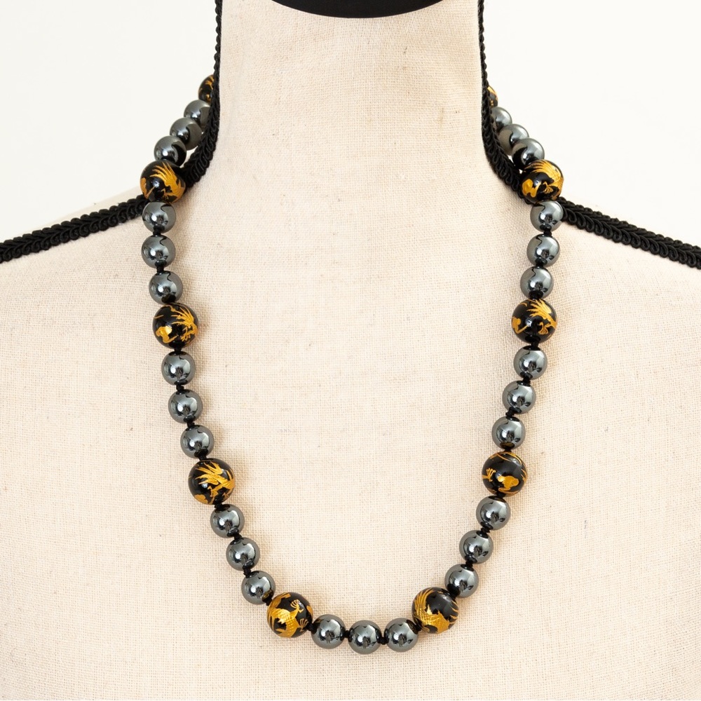 Hematite beaded necklace onyx gold leaf dragon beads magnetic closure